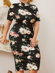 Women's Plus Floral Print Short Sleeve Stand Collar Midi Dress