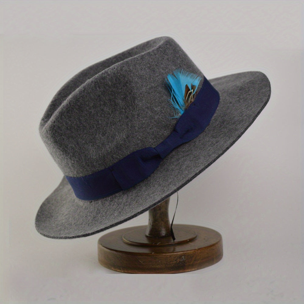 Wool Fedora Hat with Bow Band and Feathers Wide Brim Felt Hat