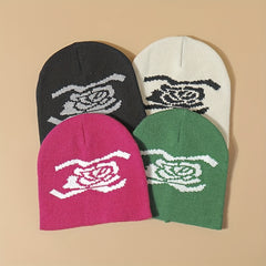 Y2K Flower Jacquard Beanie Hip Hop Knit Hat Warm Knitted Hat