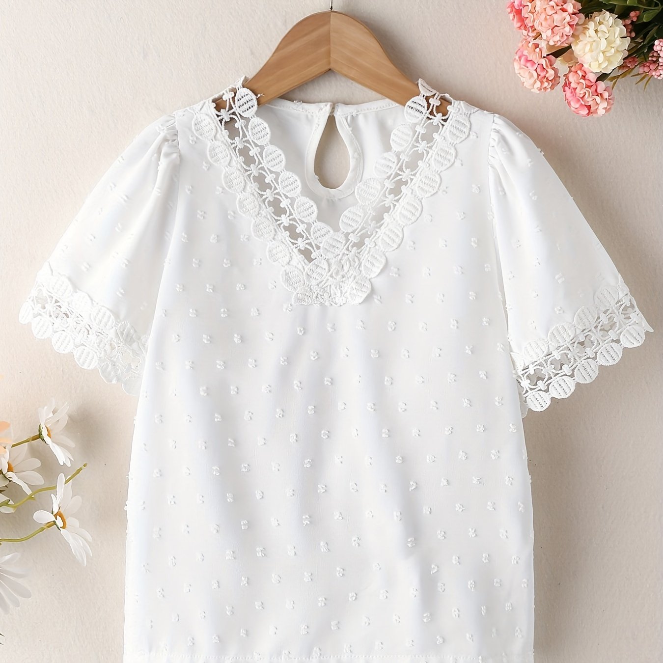 Girls Lace Brim Short Sleeve T shirt For Summer Holiday Party Kids Clothes