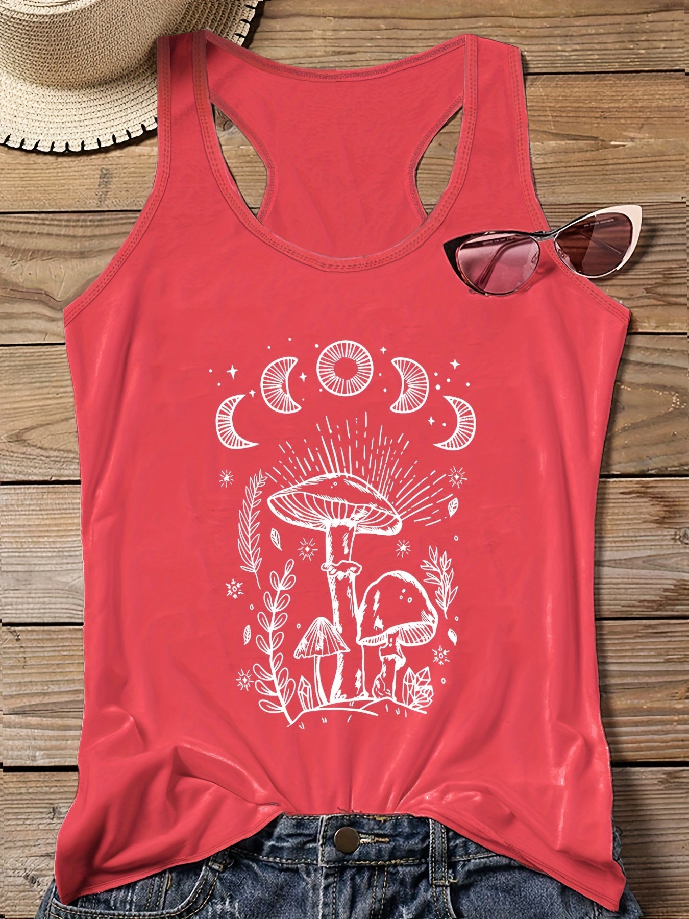 Mushroom Print Round Neck Tank Top