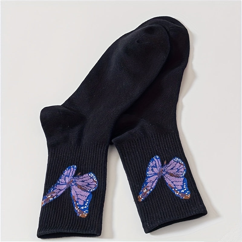 Butterfly Print Socks, Comfy & Breathable Mid Tube Stockings