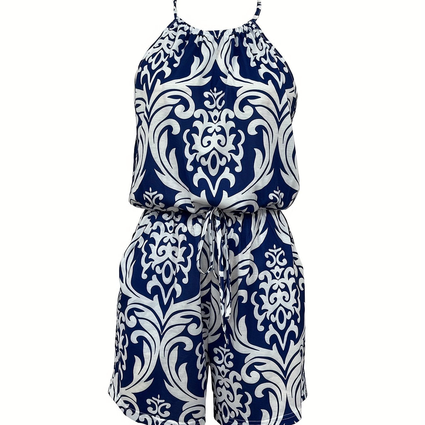 Baroque Floral Print Romper Crew Neck Sleeveless Tie Back Romper