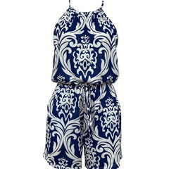 Baroque Floral Print Romper Crew Neck Sleeveless Tie Back Romper