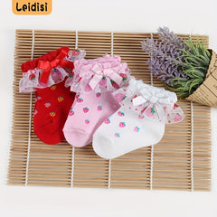3 Pairs Baby Girl Lace Socks Strawberry Pattern Bowknot Socks