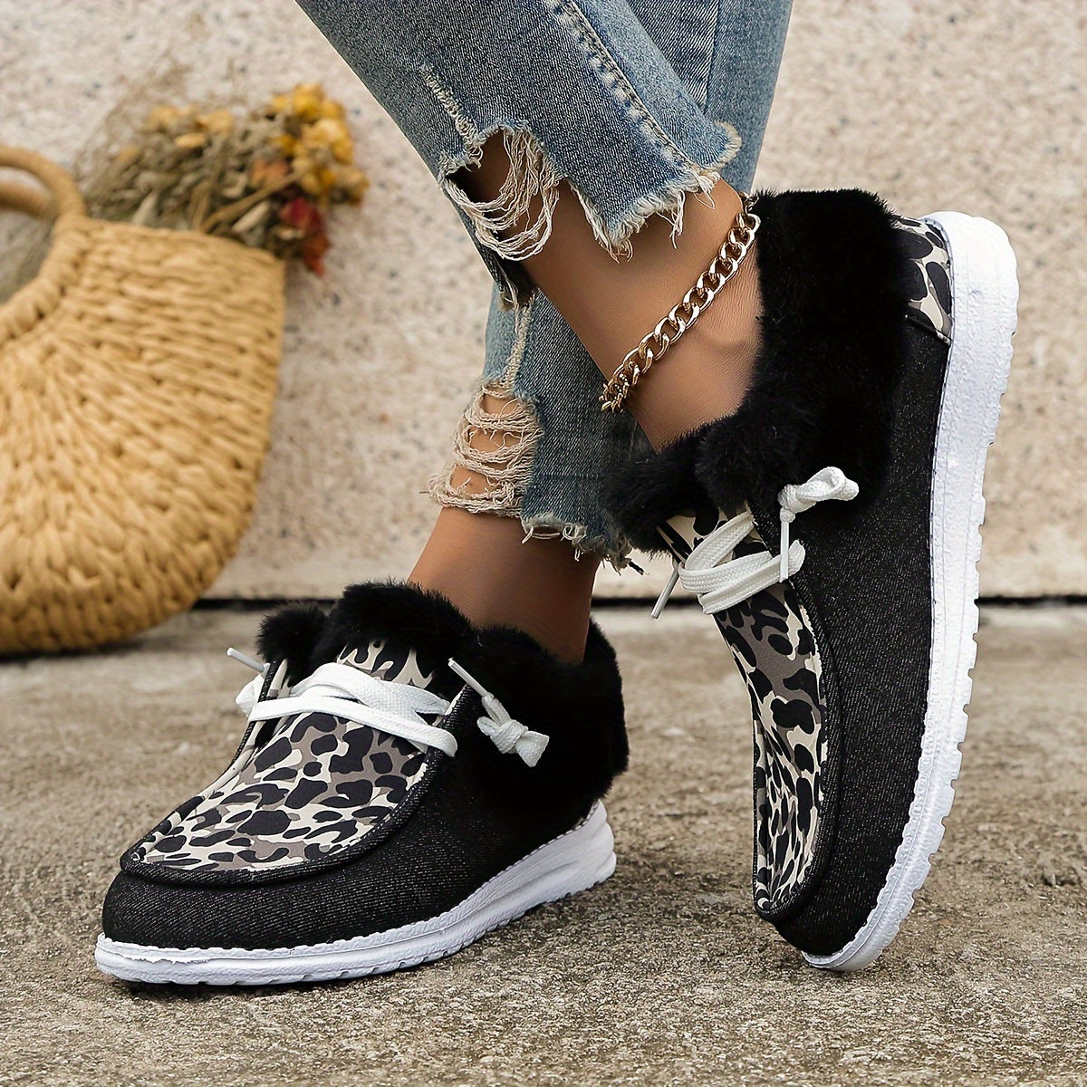 Leopard Print Warm Sneakers Lightweight Casual Flat Shoes
