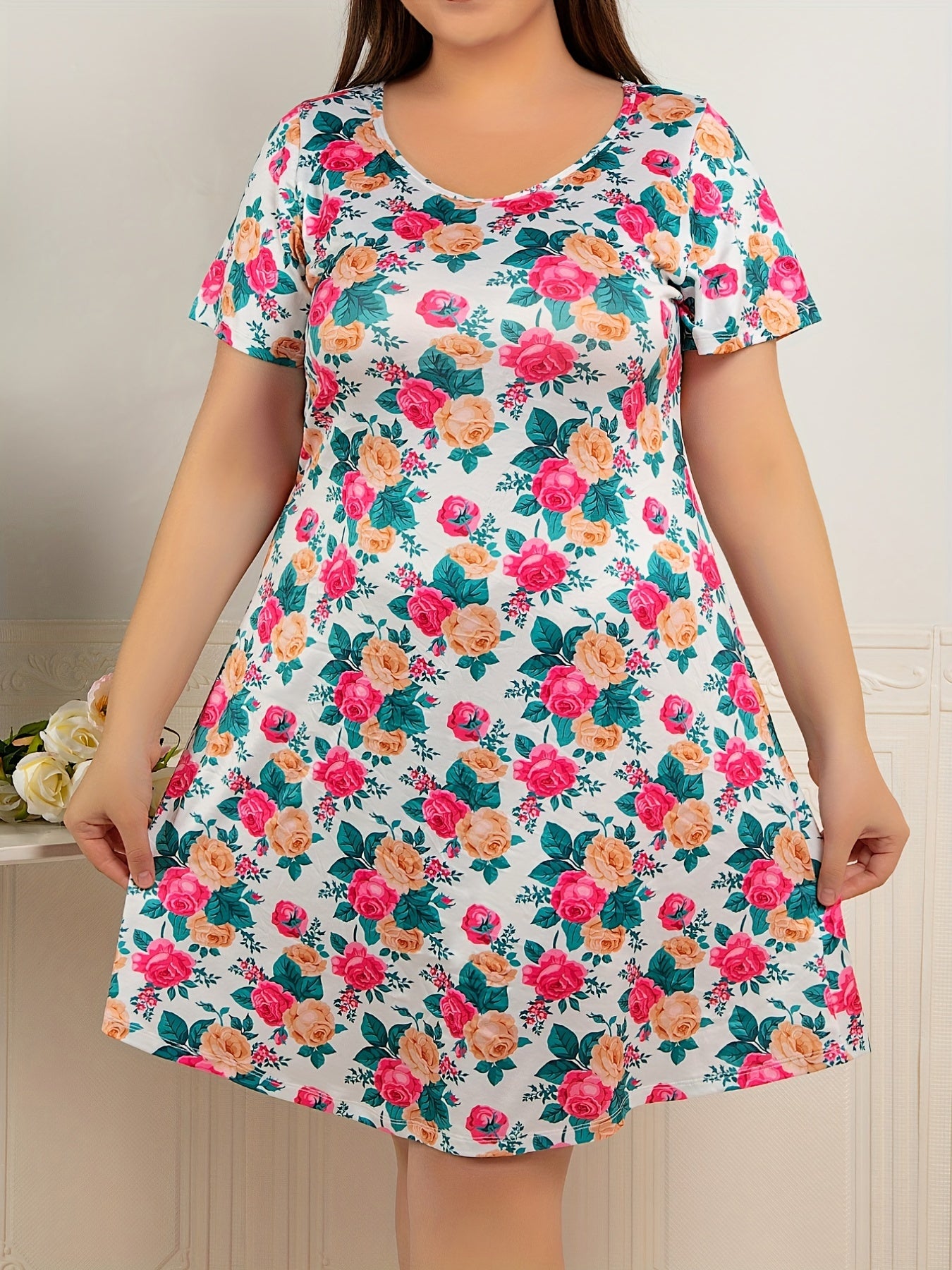 Nightdress Women's Plus Smoothing Floral Print Round Neck Sleep Dress