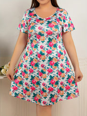 Nightdress Women's Plus Smoothing Floral Print Round Neck Sleep Dress