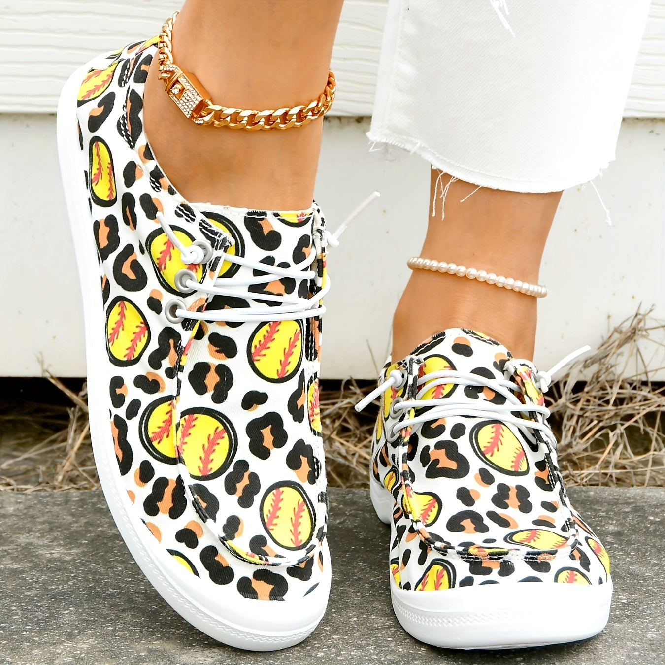 Leopard Baseball Print Flat Walking Shoes Women's Flat Canvas Shoes