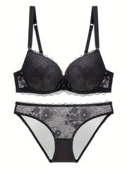 Floral Lace Push Up Bra & Bikini Panties Set