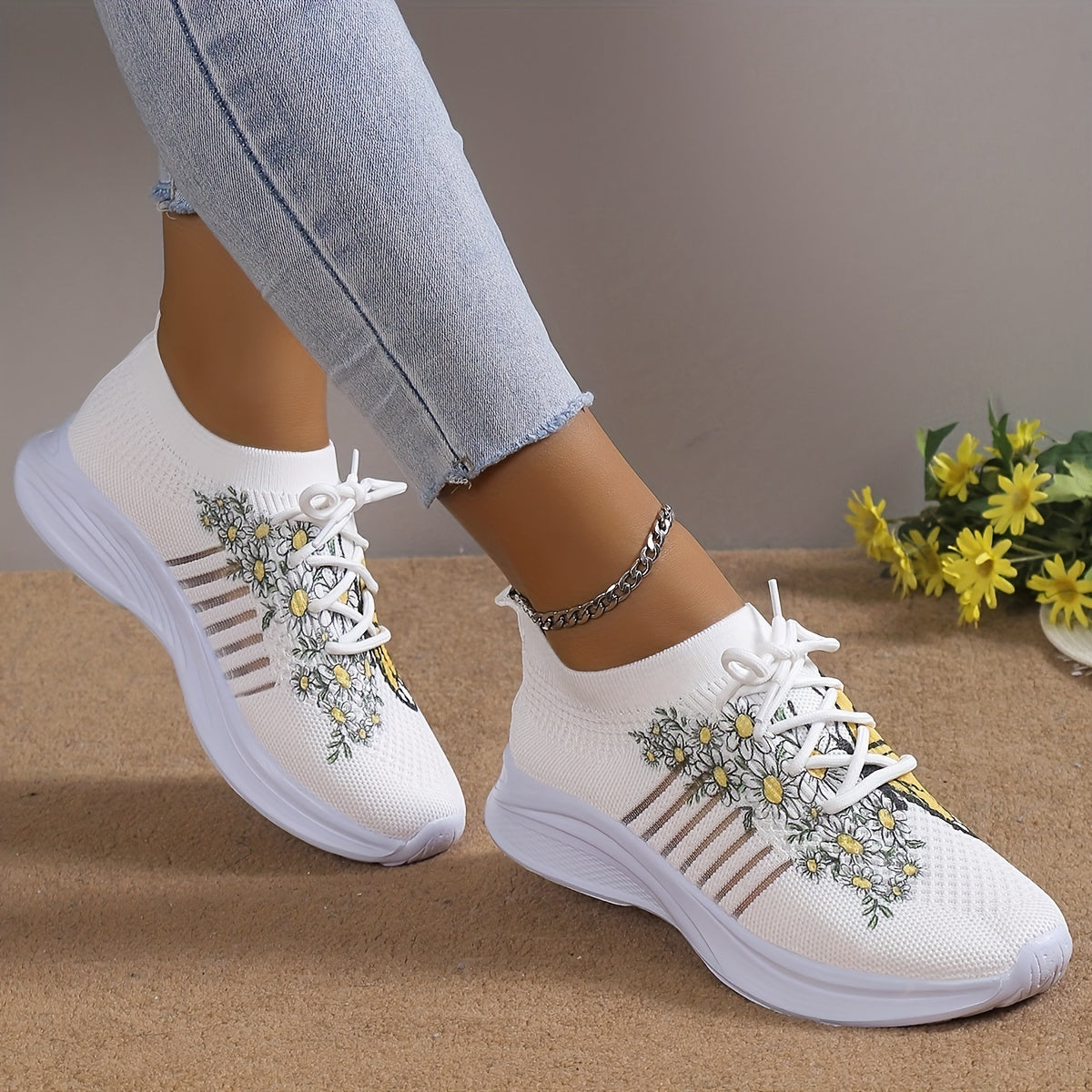 Floral & Butterfly Sneaker Flatform Lace-Up Low Shoes