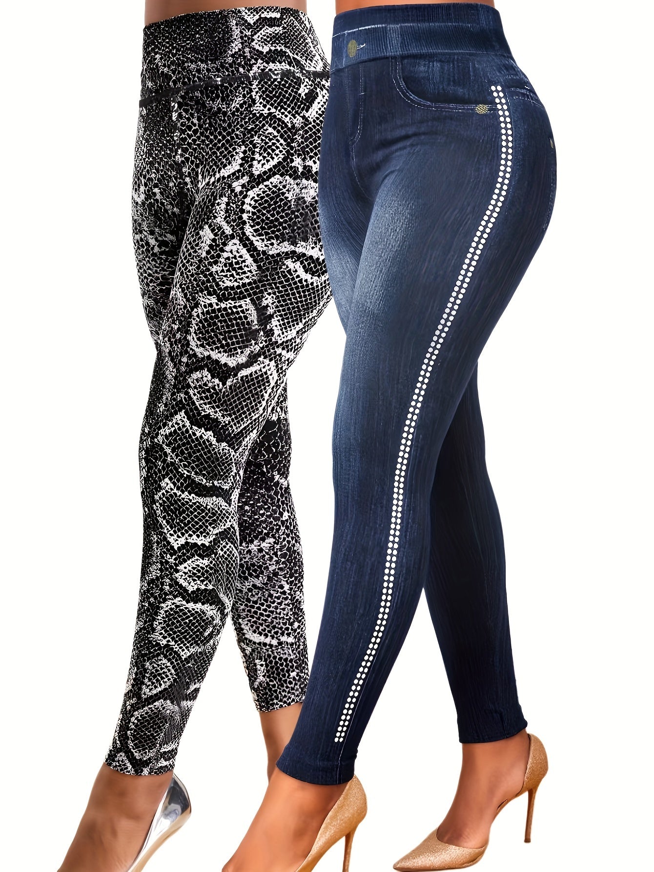 2pcs Snake & Denim Print Yoga Pants Women's Activewear