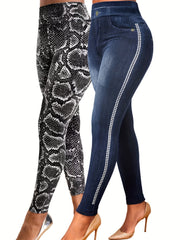 2pcs Snake & Denim Print Yoga Pants Women's Activewear