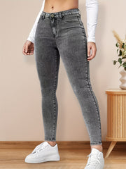 Grey Stretch Skinny Jeans Slash Pocket Zipper Button Closure Denim Pants