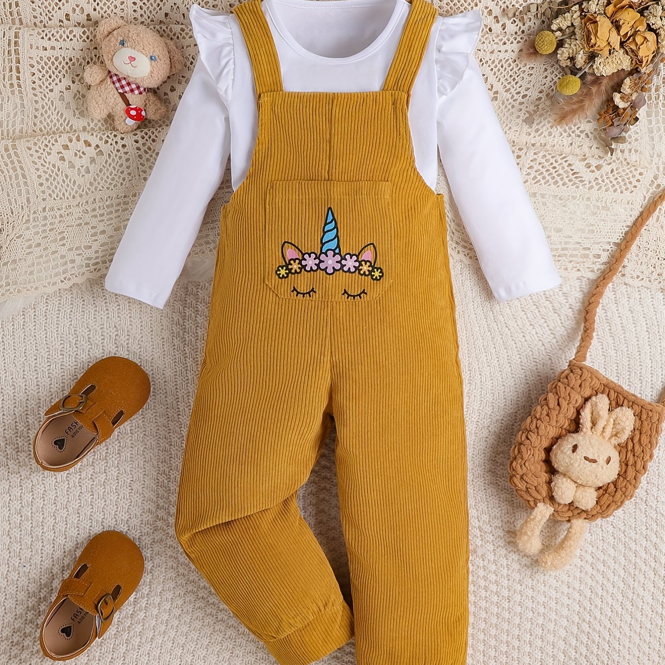Toddler Girl's Unicorn Pattern 2pcs Top & Overalls Set for Spring Fall