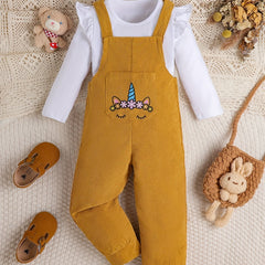 Toddler Girl's Unicorn Pattern 2pcs Top & Overalls Set for Spring Fall