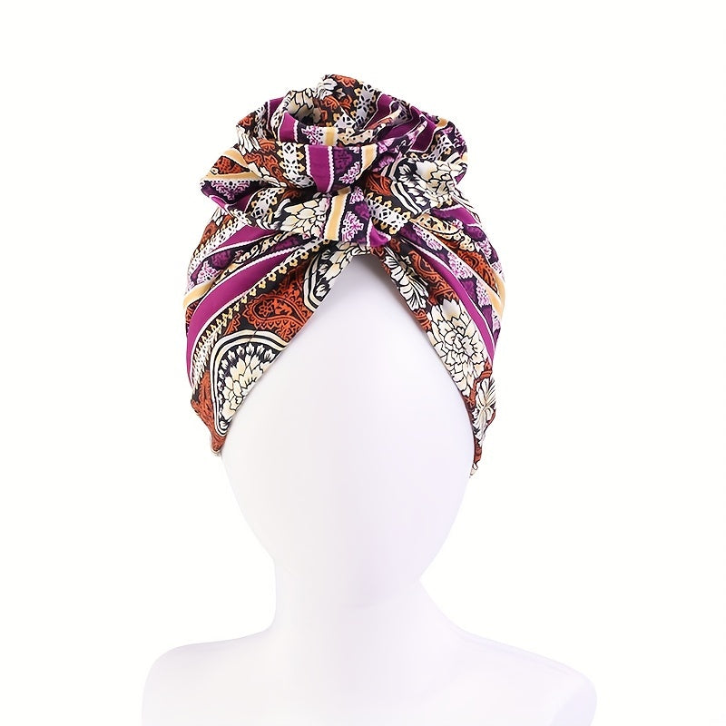 Boho Flower Decor Turban Cap Printed Bonnet Head Wrap Scarf Beanie