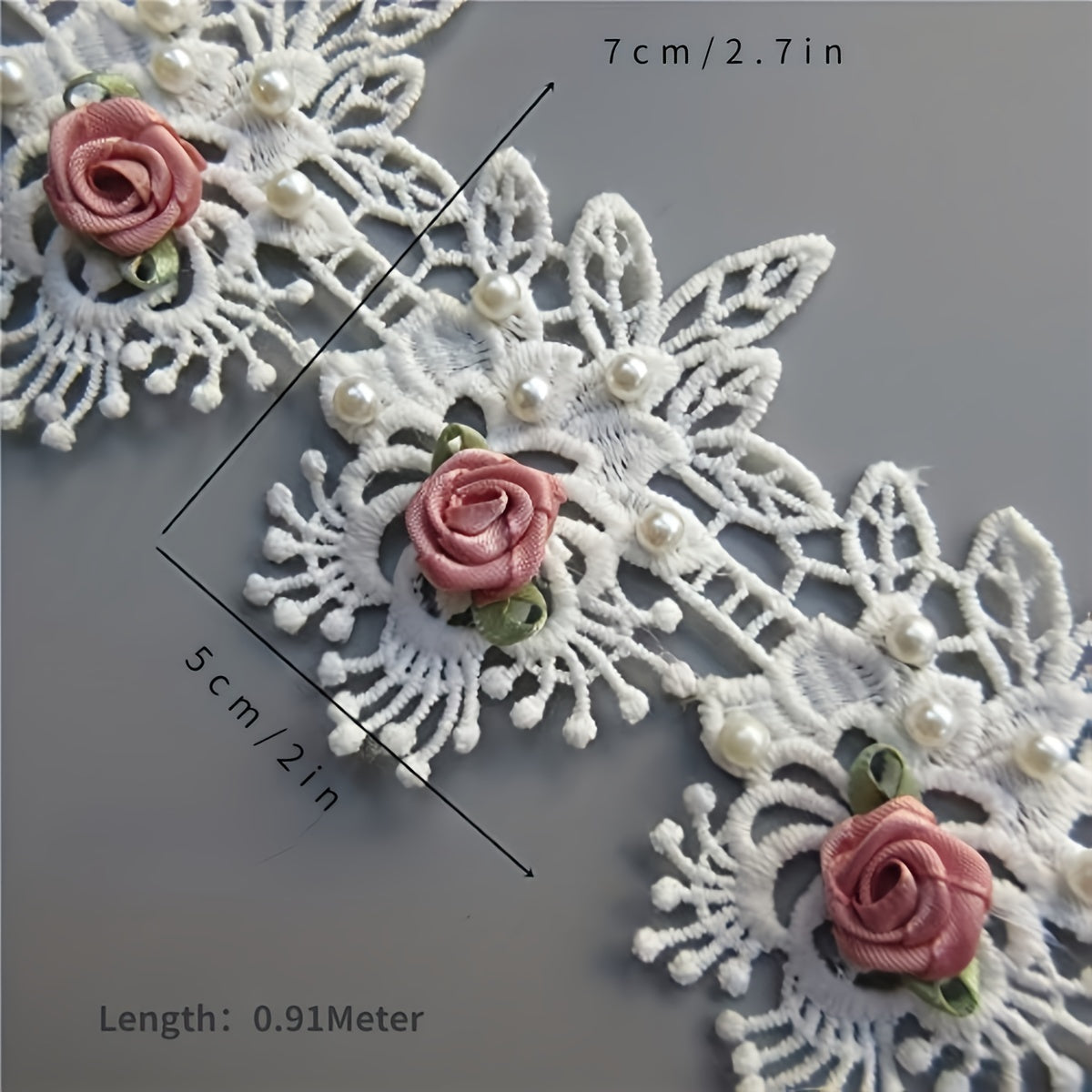 Faux Pearl Flower Lace Trim Embroidered Ribbon Fabric Sewing Craft 1 Yard
