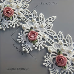 Faux Pearl Flower Lace Trim Embroidered Ribbon Fabric Sewing Craft 1 Yard