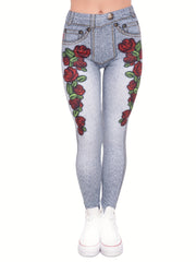 Denim Printed High Waist Leggings Slim Fit Casual Leggings