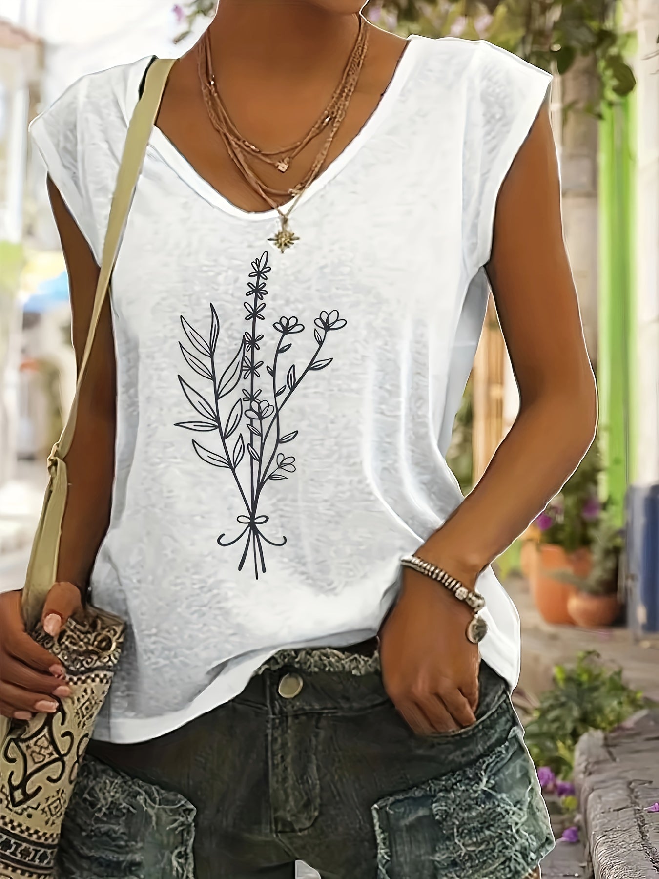 Plant Print V-neck Tank Top Sleeveless Casual Summer Women's Clothing