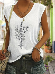 Plant Print V-neck Tank Top Sleeveless Casual Summer Women's Clothing