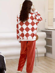 Cartoon Print Pajama Set Warm Long Sleeve Crew Neck Top & Lounge Pants