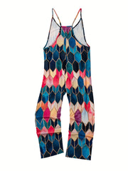 Geo Print Overall Jumpsuit Casual Sleeveless Pockets Wide Leg Jumpsuit