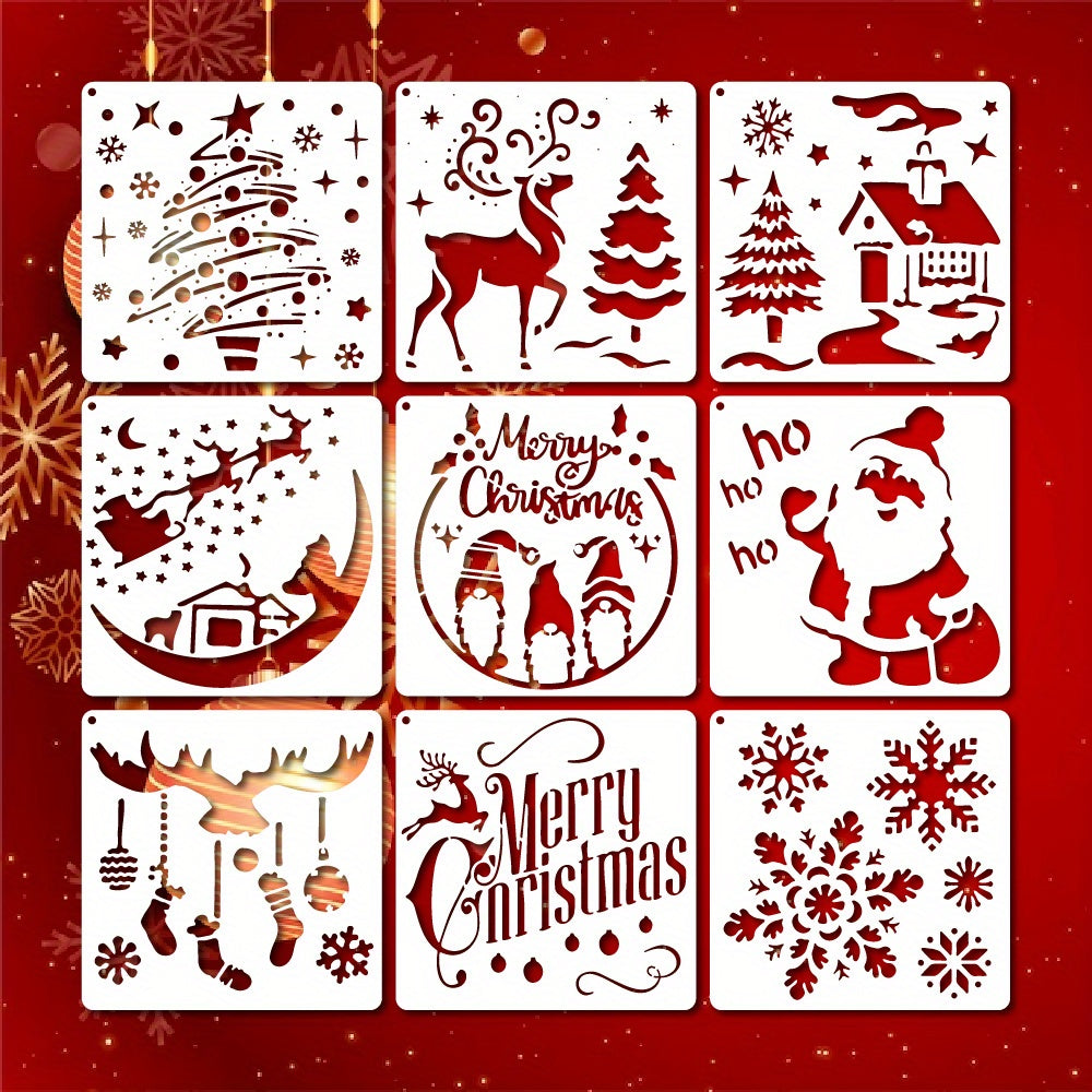 9pcs Christmas Painting Stencils, 14 Reusable Designs
