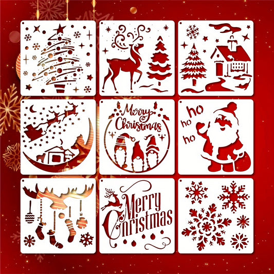 9pcs Christmas Painting Stencils, 14 Reusable Designs