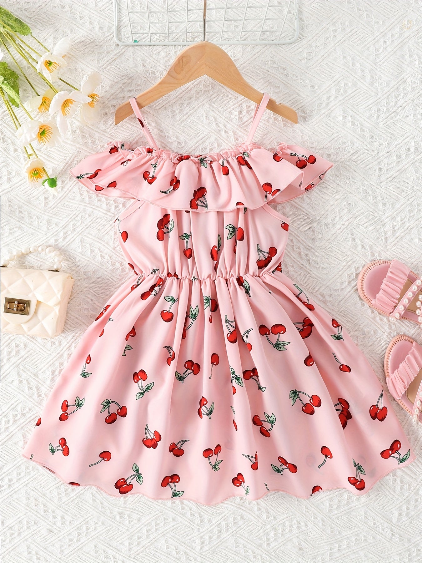 Girls Cherry Print Ruffle Shoulder Sleeveless Dress for Summer