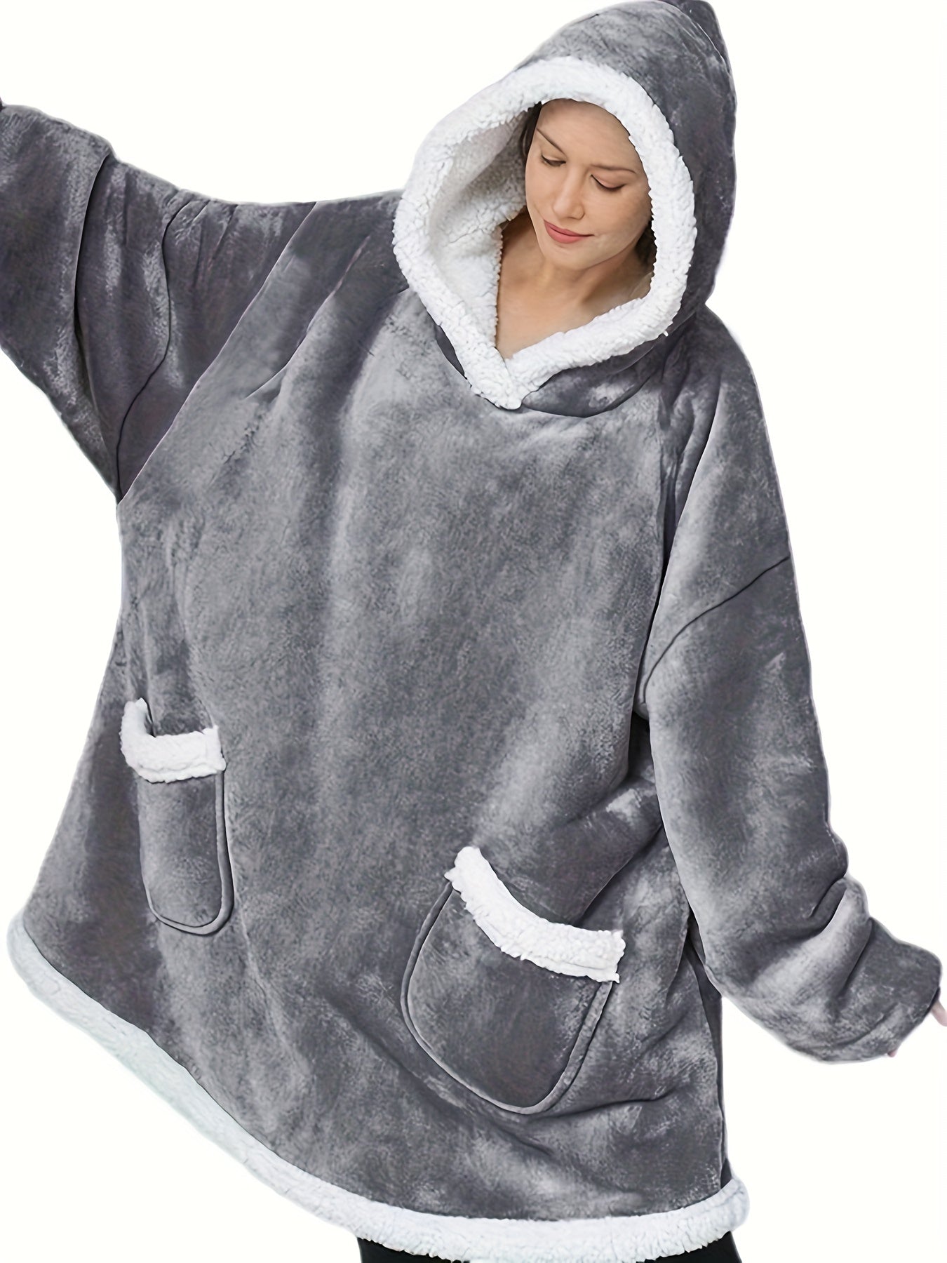 Sherpa Fleece Hooded Robe with Sleeves & Pockets