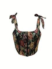 Vintage Floral Print Top Sleeveless Zipper Knotted Summer Top