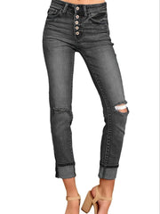 Slim Fit Skinny Jeans Ripped Distressed Button Denim Pants Women's Denim Jeans