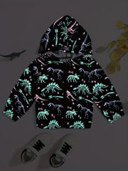Luminous Dinosaur Print Boys Hoodie Zip Sweatshirt Pocket