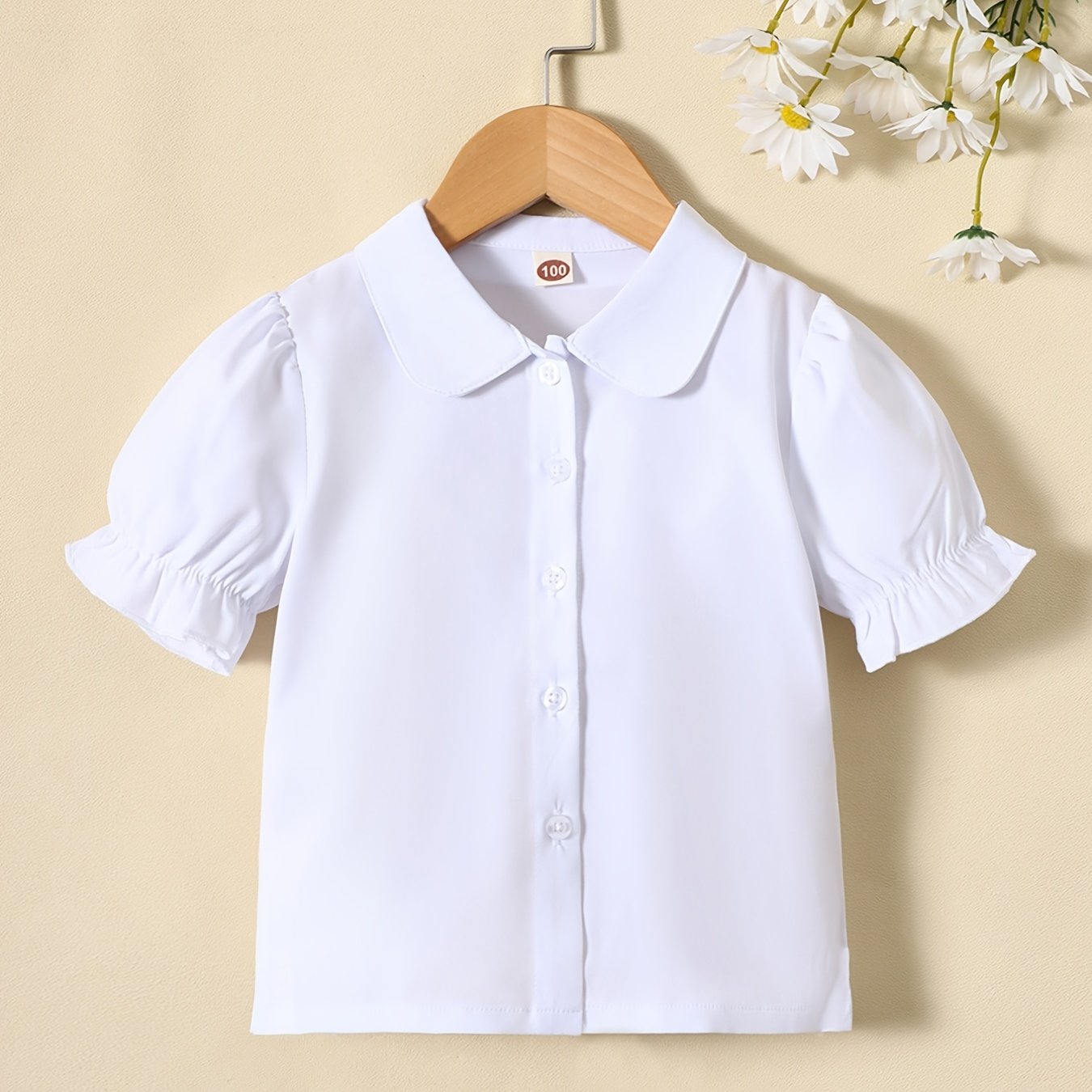 Girls Puff Sleeves Button Casual Frill Trim Short Sleeve Shirt Top