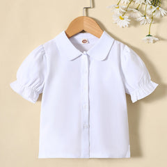 Girls Puff Sleeves Button Casual Frill Trim Short Sleeve Shirt Top