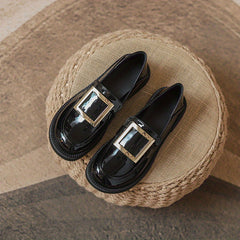 Square Buckle Loafers Faux Leather Chunky Heel Shoes