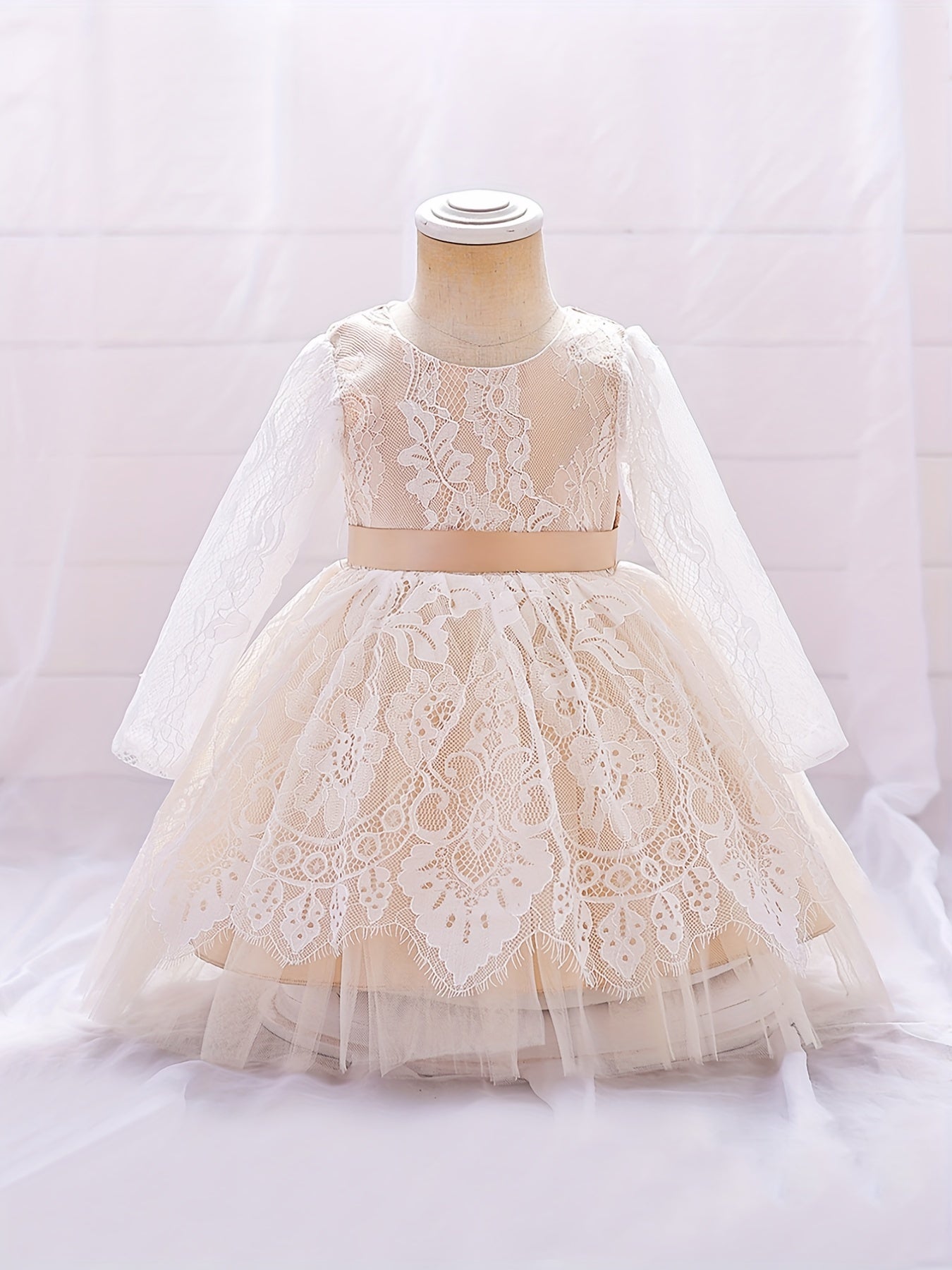 Girls Lace Floral Gown Princess Dress Long Sleeve Mesh Tutu Dress