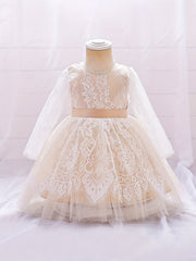 Girls Lace Floral Gown Princess Dress Long Sleeve Mesh Tutu Dress