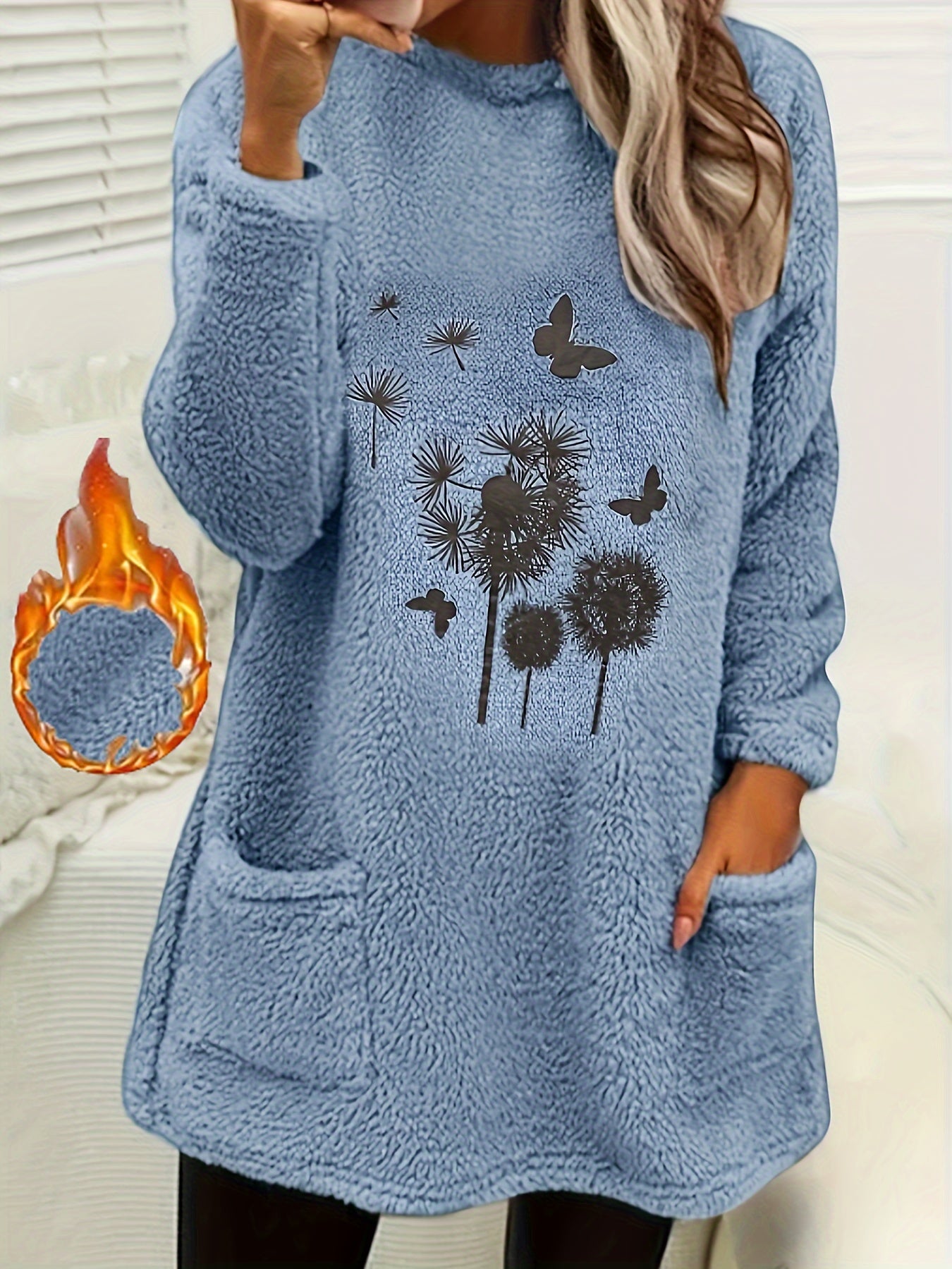 Butterfly Plant Print Pullover Sweatshirt Furry Casual Sweatshirt