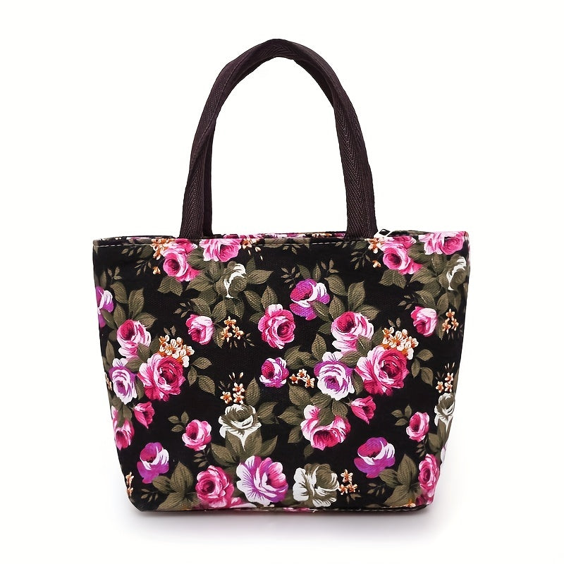 Rose Flower Pattern Handbag Canvas Tote Bag For Shopping & Travel