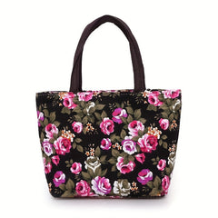 Rose Flower Pattern Handbag Canvas Tote Bag For Shopping & Travel