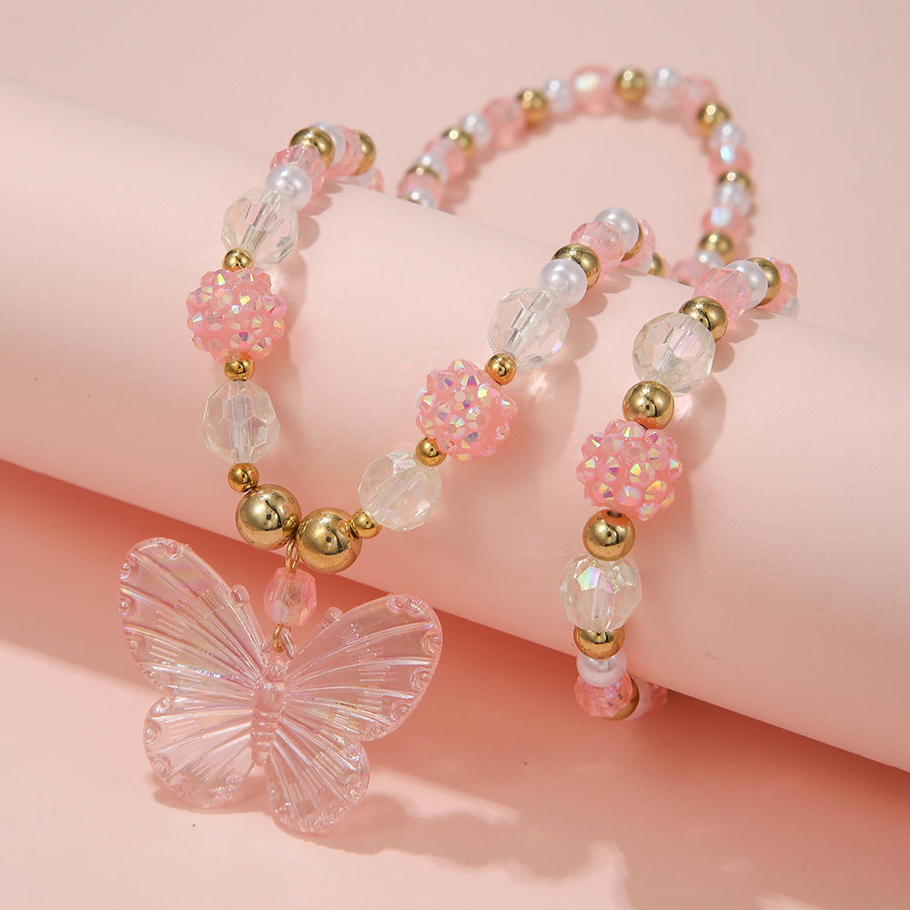 Kids Butterfly Necklace Set Acrylic Pendant Beads Elastic Bracelet