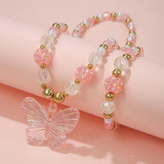 Kids Butterfly Necklace Set Acrylic Pendant Beads Elastic Bracelet