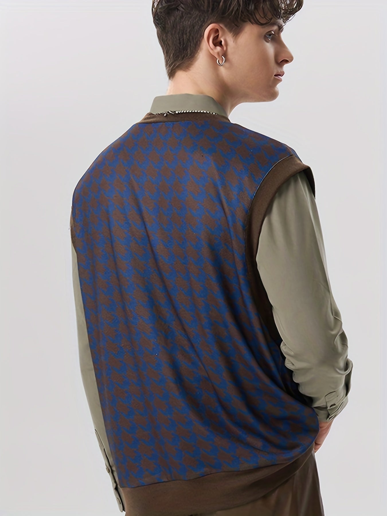 Houndstooth Pattern Vest Men's Casual Vintage Style V Neck Waistcoat