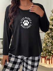 Dog Paw & Letter Graphic Long Sleeve Crew Neck Home Wear Tee