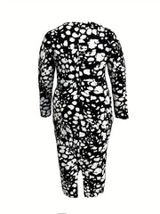 Allover Print V Neck Long Sleeve Ruched Dress