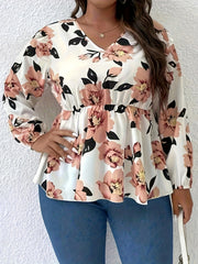 Floral Print Lantern Sleeve Knot Back Peplum Top