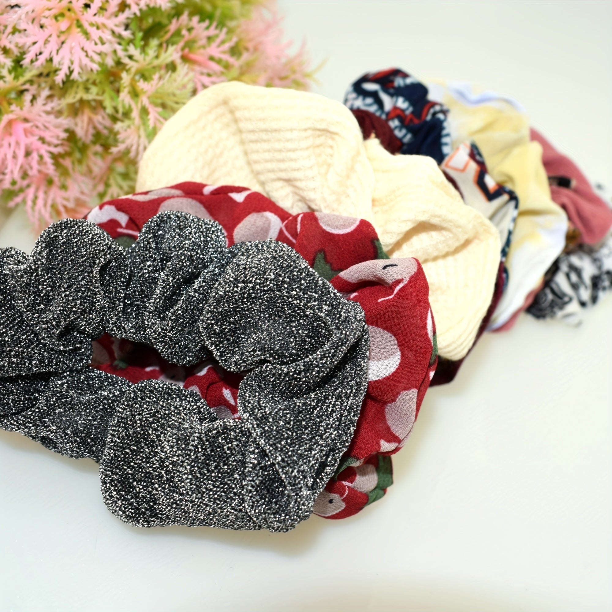 12pcs Boho Style Satin Scrunchies Hair Tie Floral Print Ponytail Holder